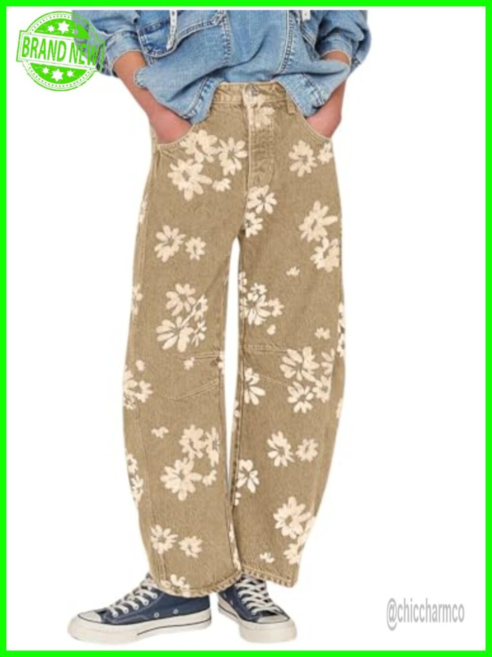 Women Y2k Distressed Barrel Jeans Wide Leg Floral Patchwork Denim Pants